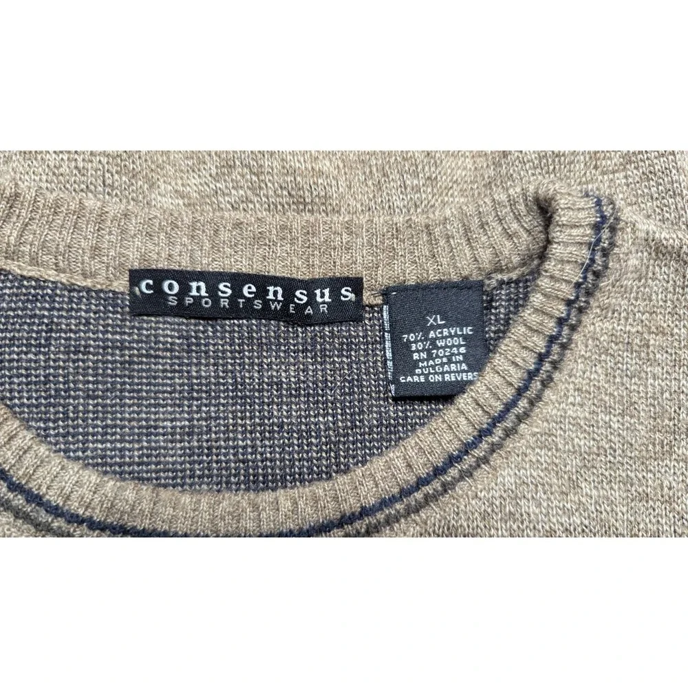Vtg Sweater Mens Extra Large Tan Y2K‎ Wool Blend Grandpa Argyle Retro Crewneck